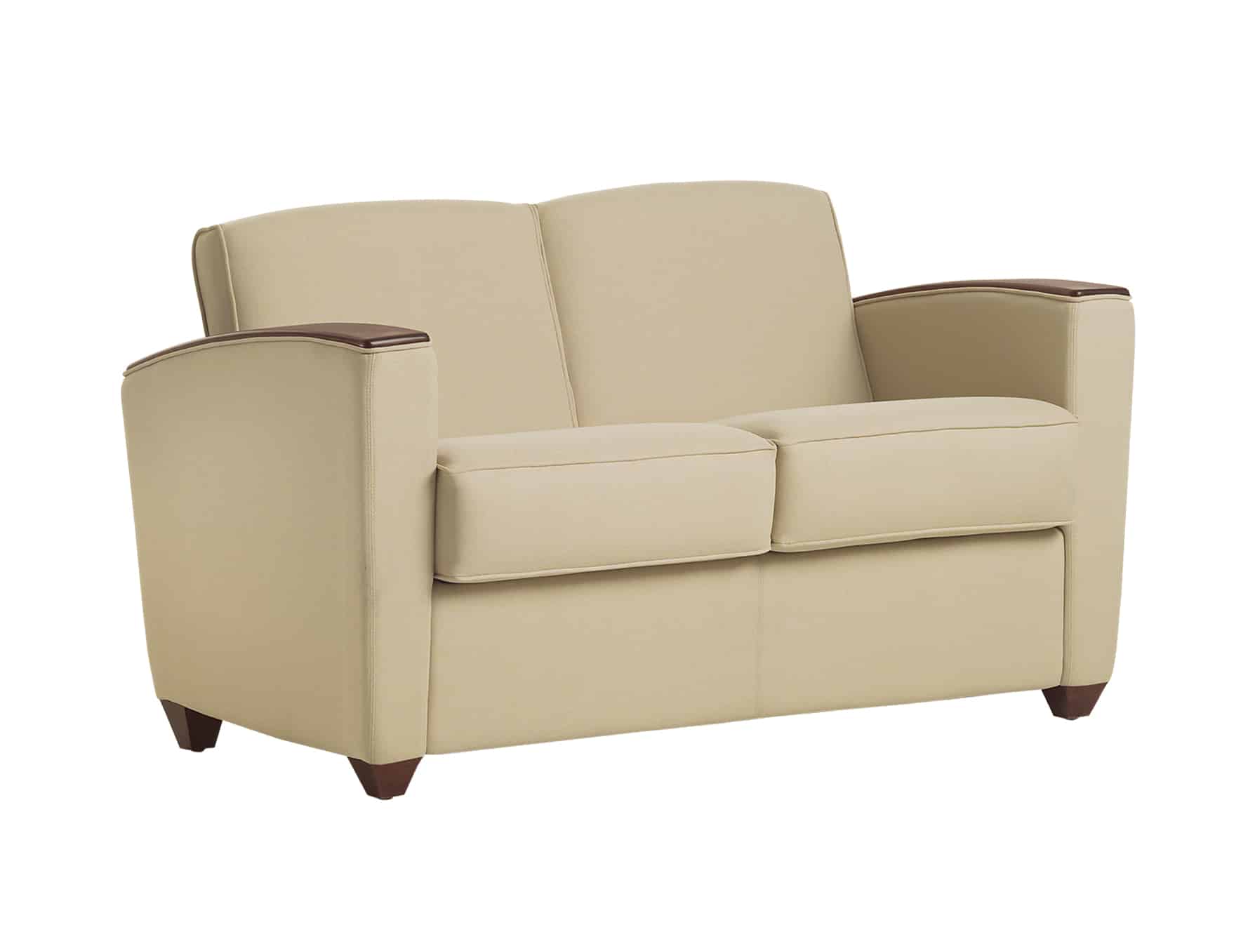 Reflect Loveseat, with Wood Arm Cap and Wood Feet (three quarter view)