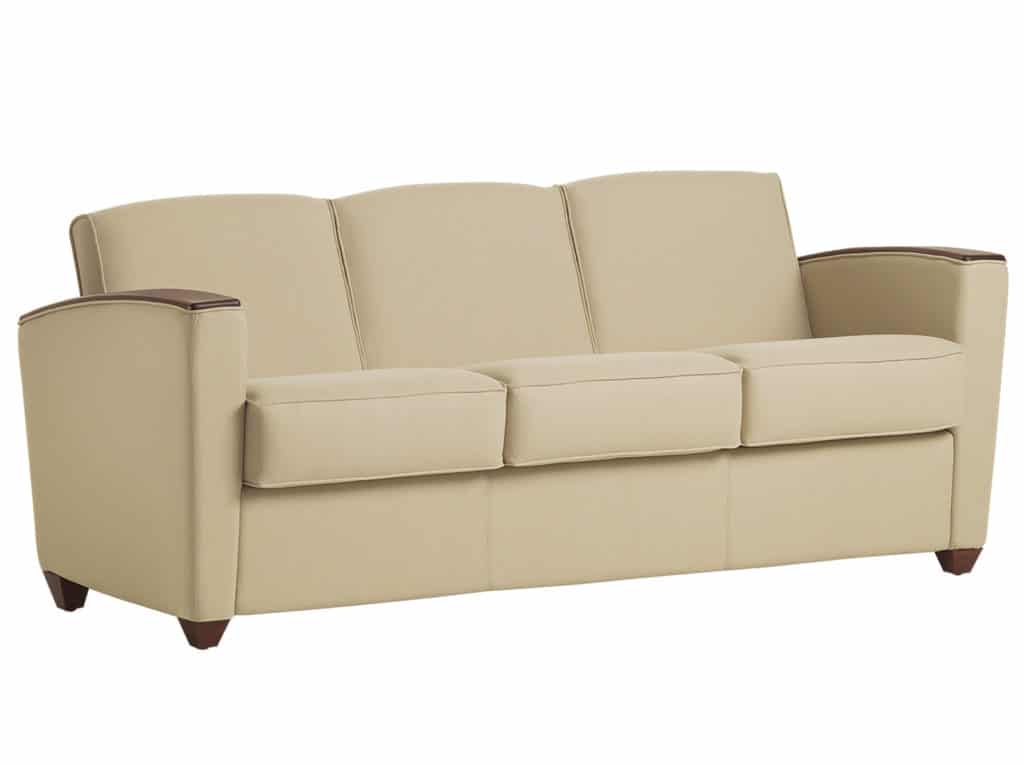 Reflect Sofa, with Wood Arm Cap and Wood Feet (three quarter view)