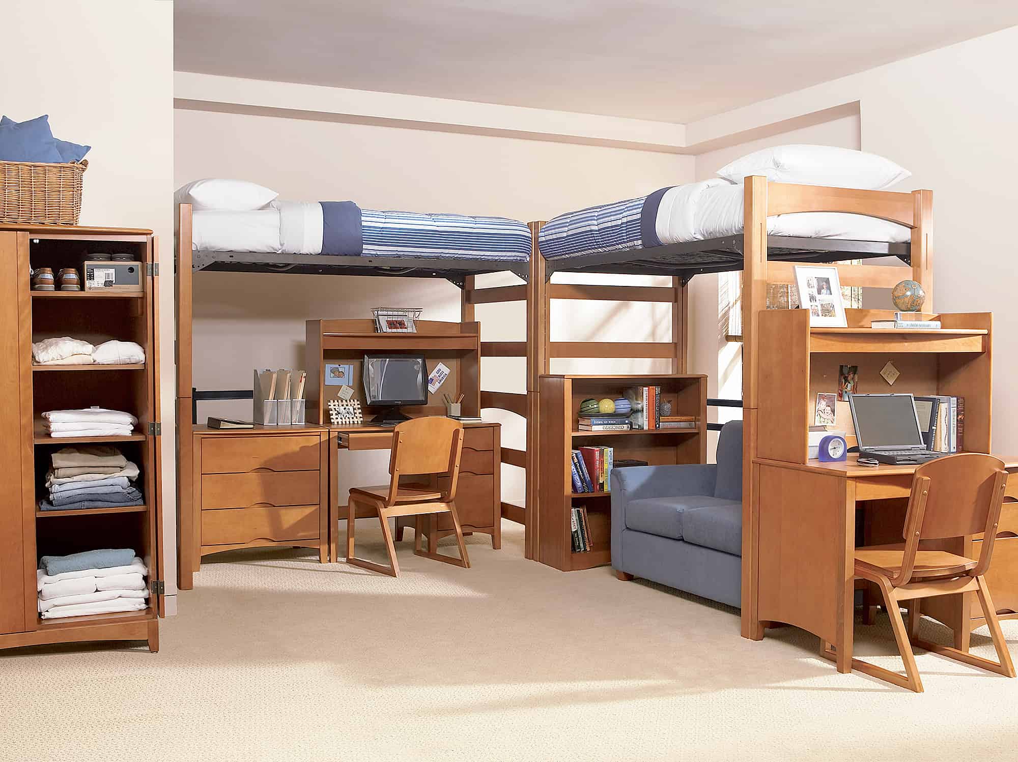 Dorm room showing Beechwood Pedestal Desks and Lofter Beds