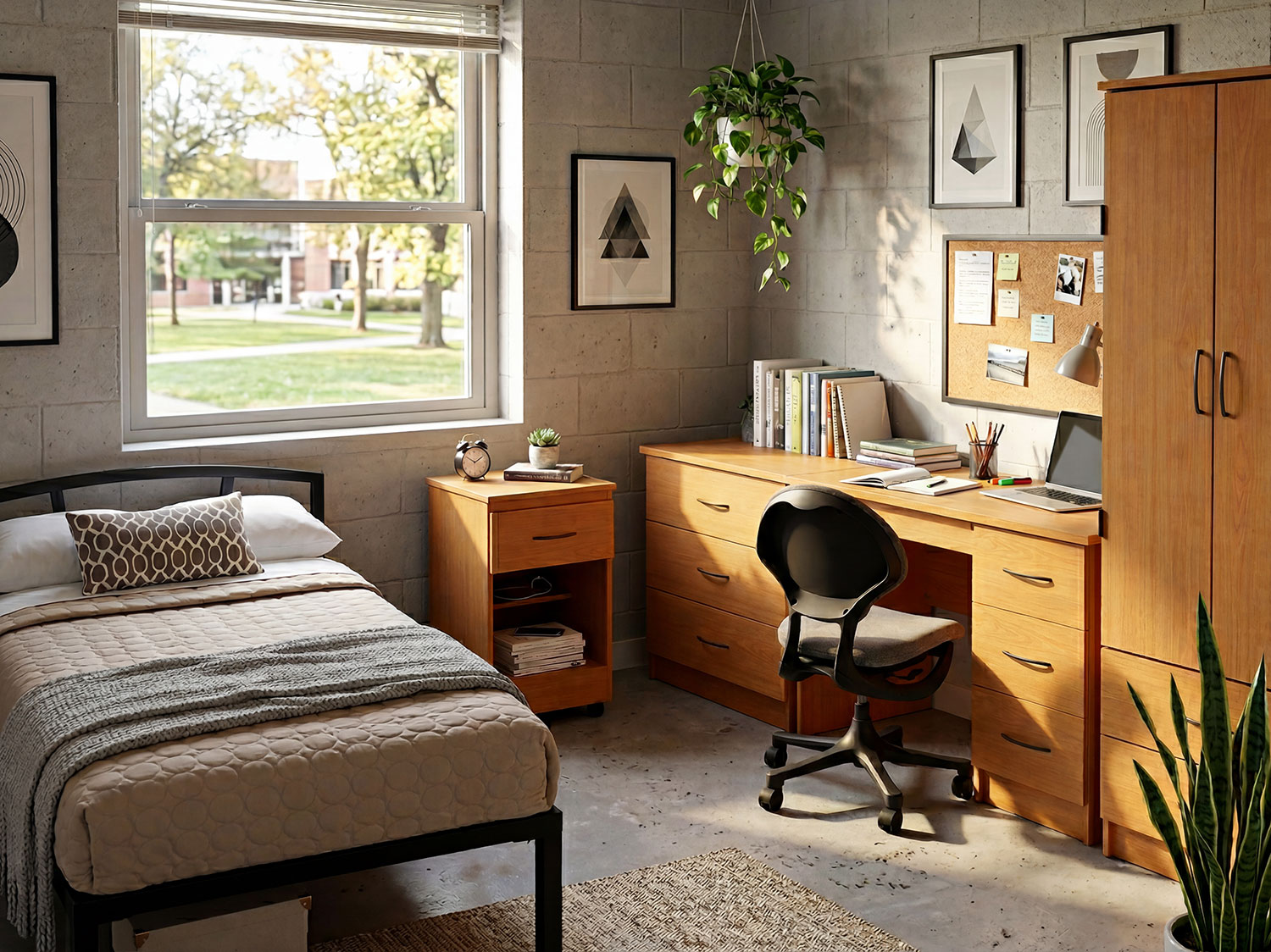 Student dorm with Camden metal bed and Merit laminate casegoods from Sauder Education
