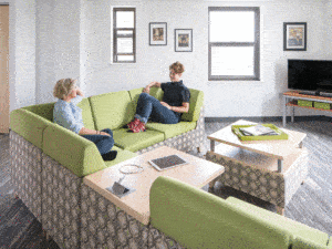 Rally Modular Lounge and Rowan A/V Console, with students