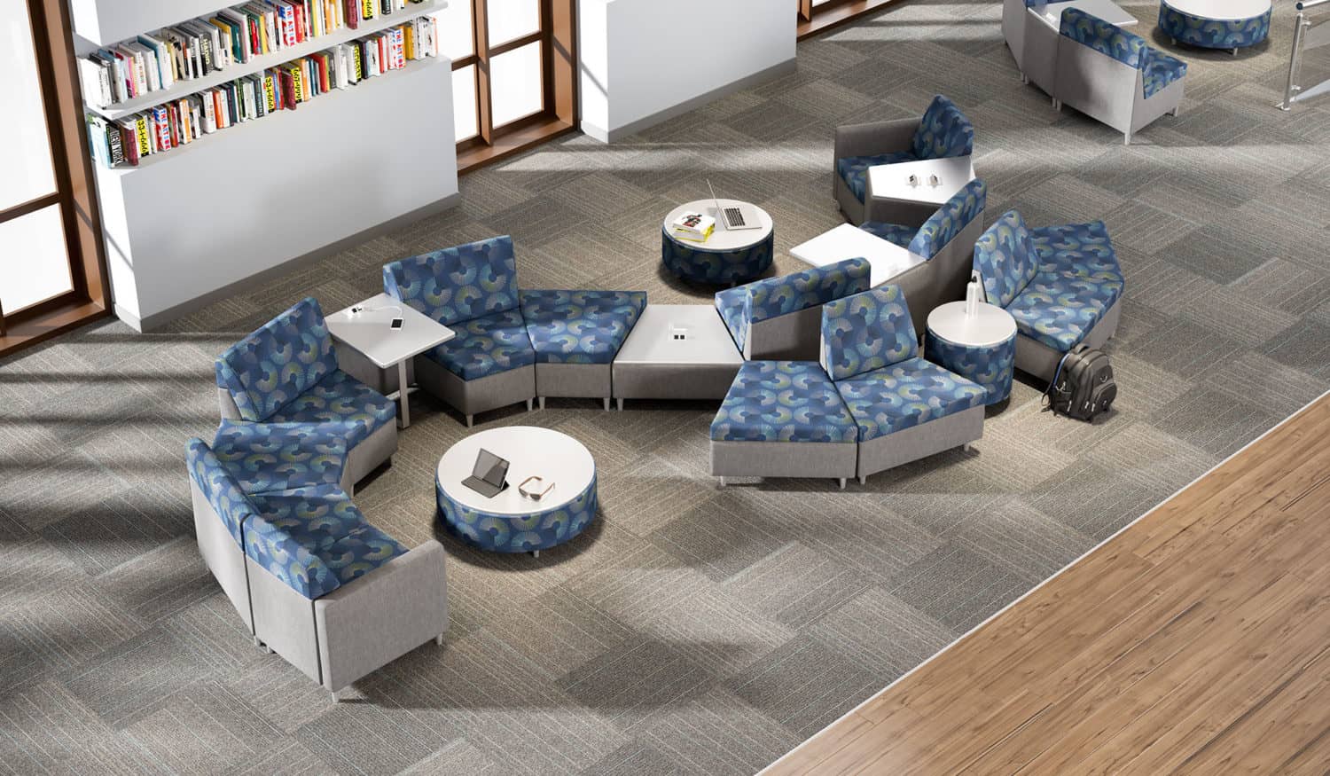 Rally Wedges in library setting, with power and ottomans