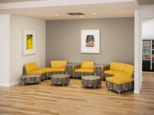 Student collaboration area featuring furniture from the Rally Collection including Rally Wedges and Round Ottomans