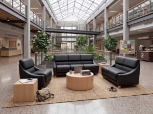 College campus atrium with drum and cube tables and Cavetto upholstered student furniture.