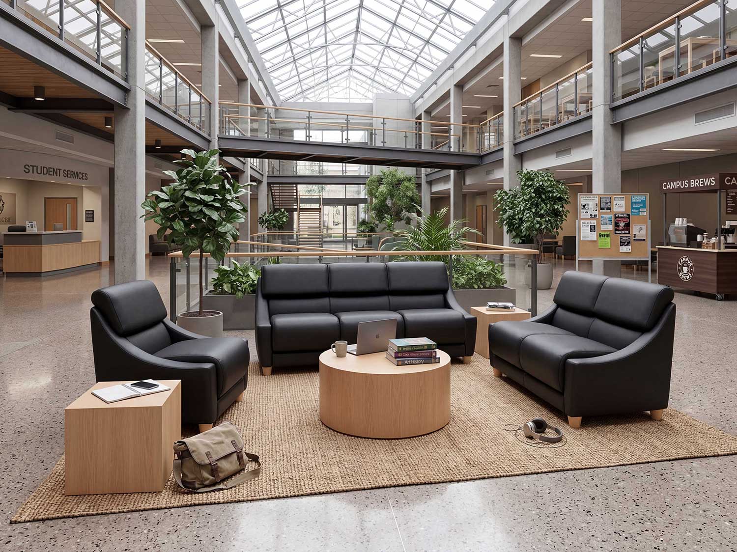 College campus atrium with drum and cube tables and Cavetto upholstered student furniture.