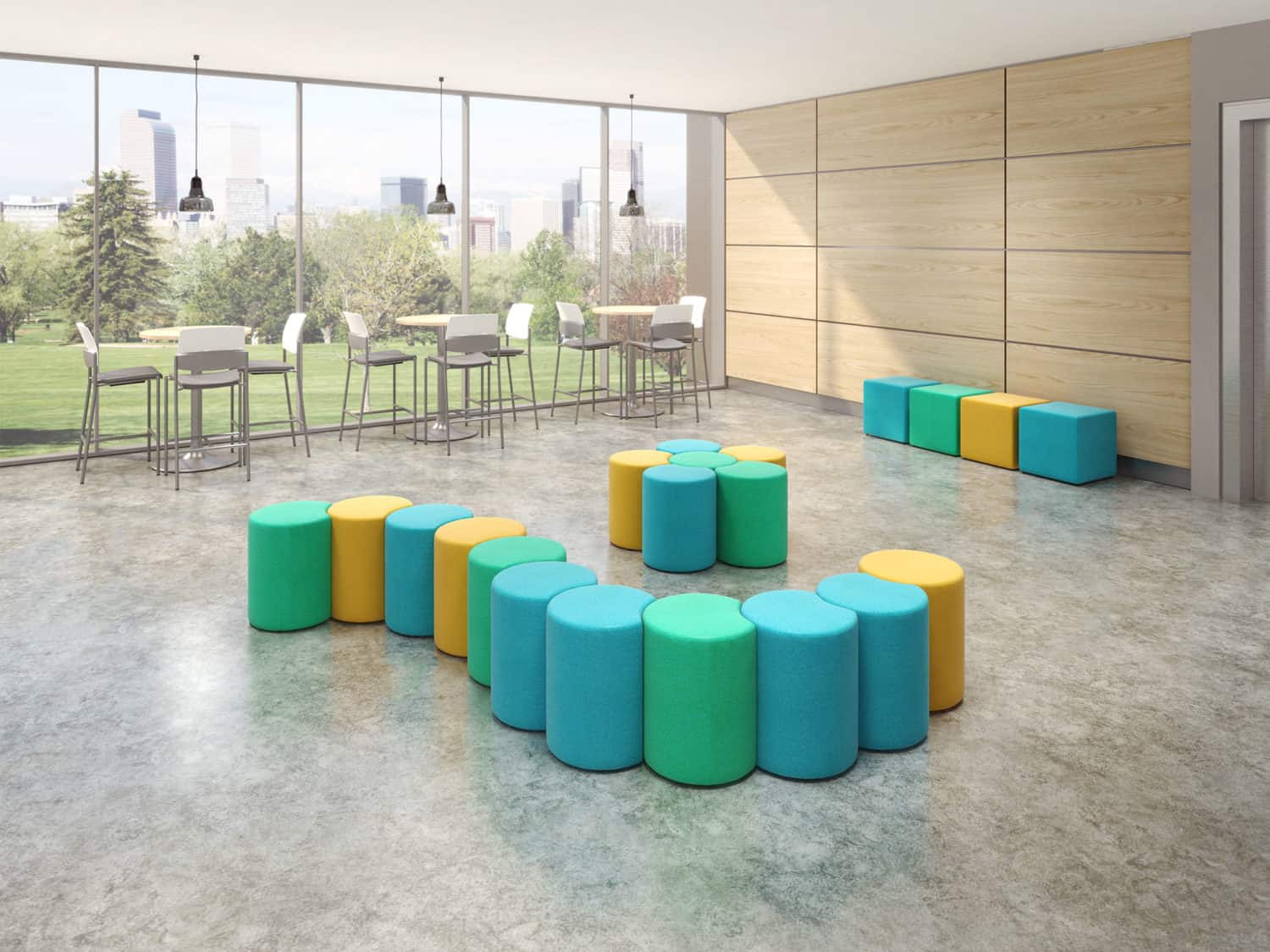 Kirby collaborative stools, Upland Bar Stools, shown in a lobby area