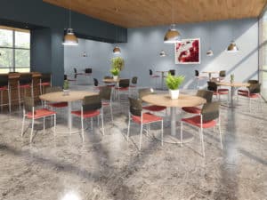 Disc Multi-Purpose Tables and Upland bar stools and chairs in cafeteria