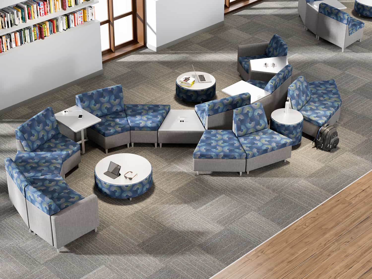 Rally Wedges in library setting, with power and ottomans