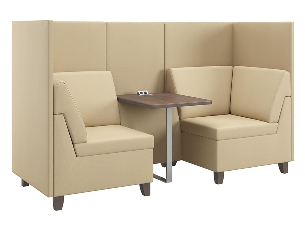 Three Quarter view of Rally Privacy Lounge Corner Booth with Integrated Table