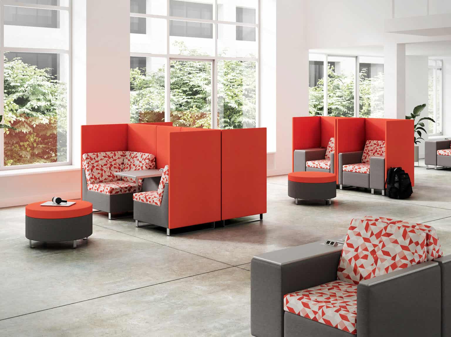 Rally Privacy Panels, Round Ottomans and Table Arm Chairs
