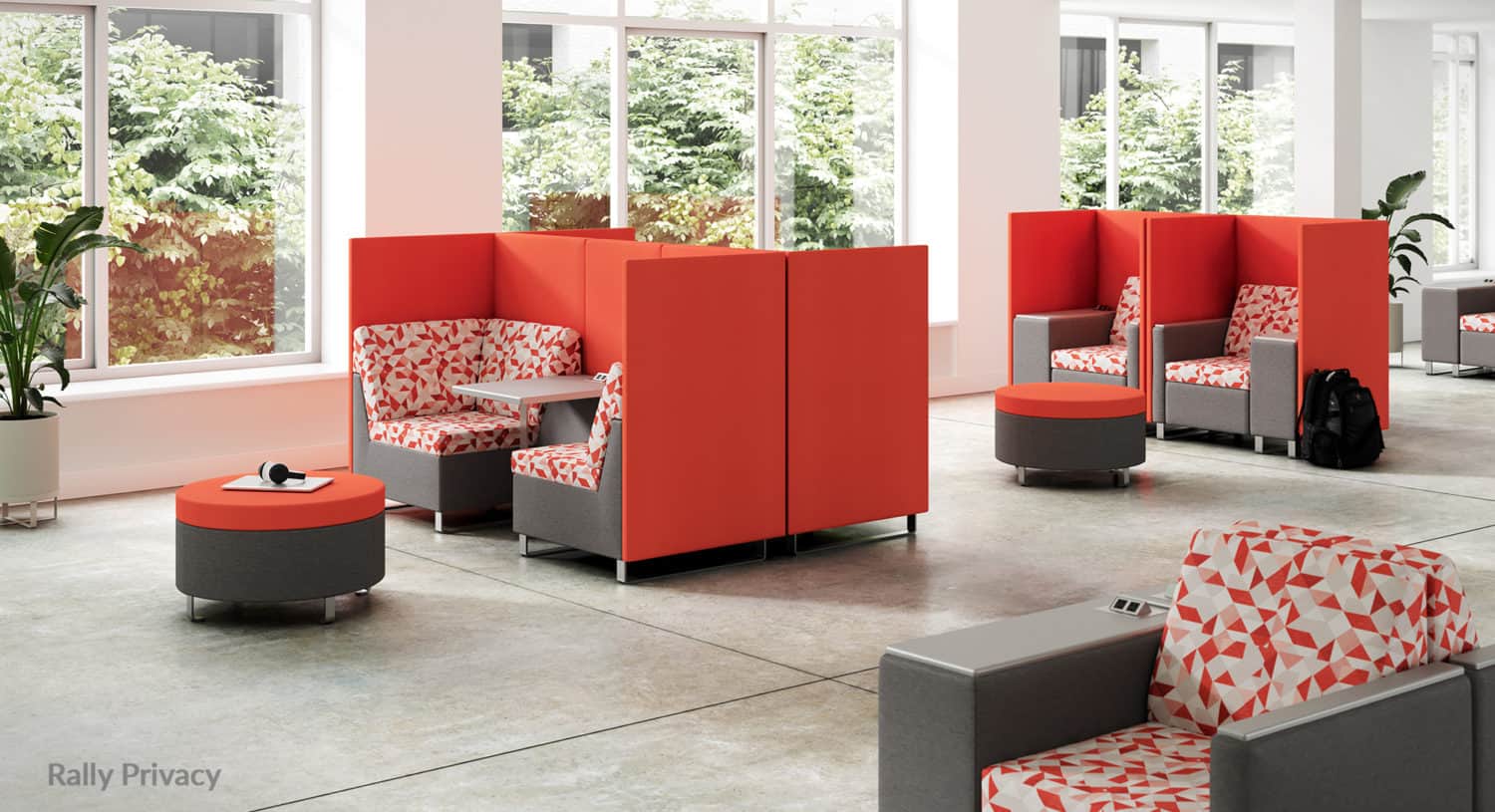 Rally Privacy Panels, Round Ottomans and Table Arm Chairs