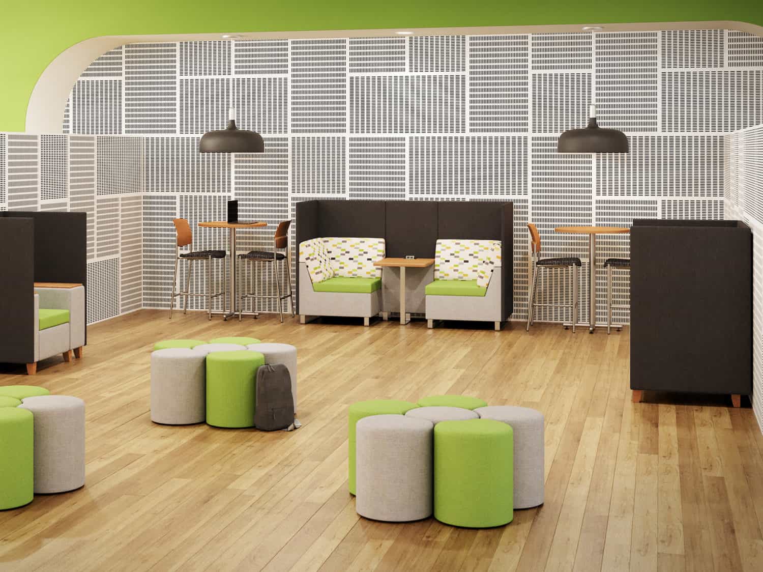 Student Lounge area with Rally Privacy, Upland Bar Stools, Tubular Tables and Kirby Stools