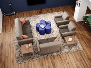 Student Room Communal Area with Chill Sofa, Loveseat and 2 Chairs, 2 Fuse End Tables, and Kirby Stools