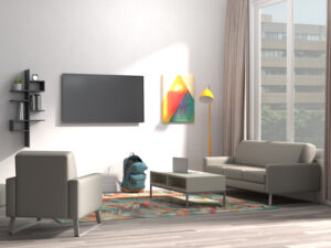 Chill Sofa and Chair with sled base in student apartment with Tanner Tables