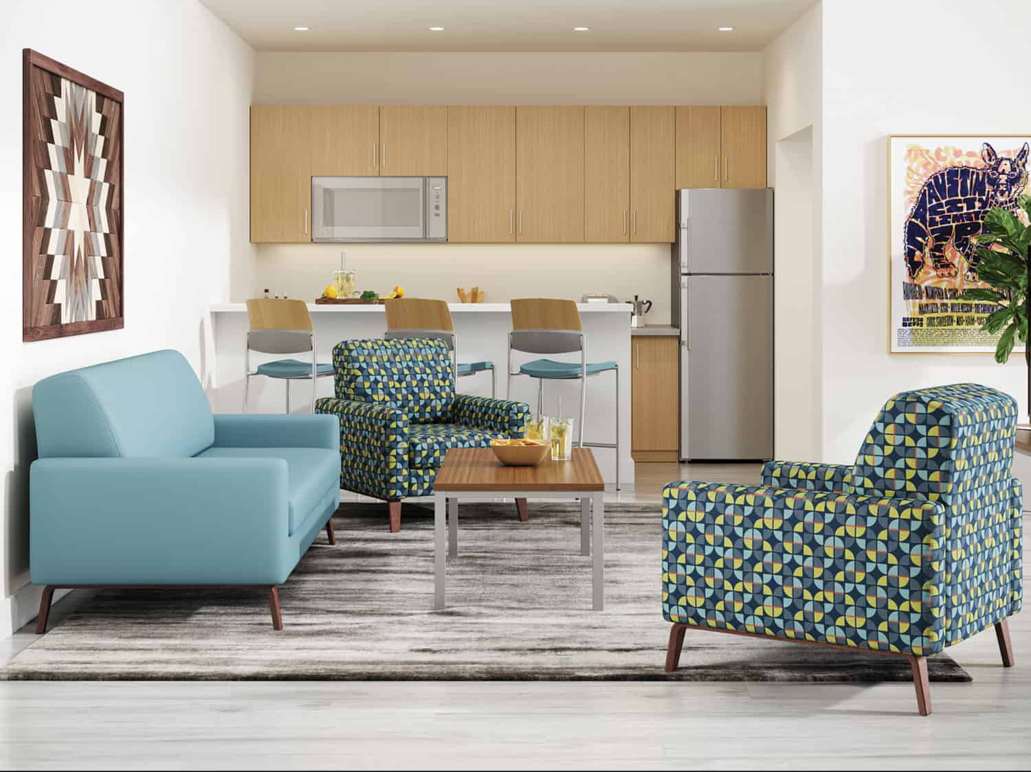 Student Housing Room Featuring Chill Chair and Loveseat, Fuse Coffee Table and Upland Counter Stools