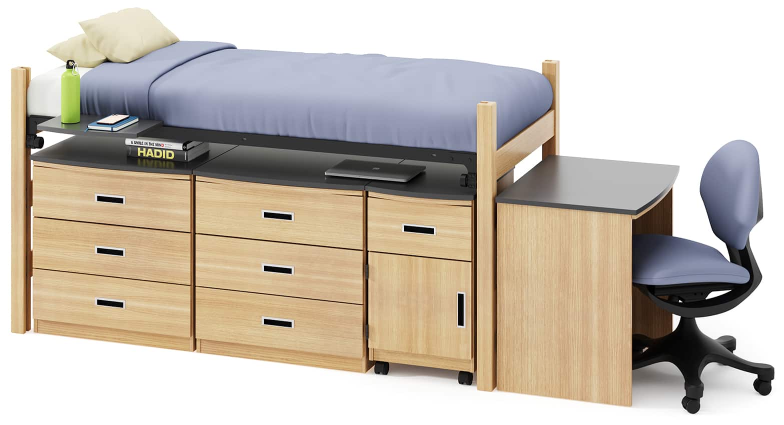 zTrak Bed System with zLok with 2 Merit 3-Drawer Chests and Rolling Pedestal Underneath and Merit Writing Desk and Trey Chair
