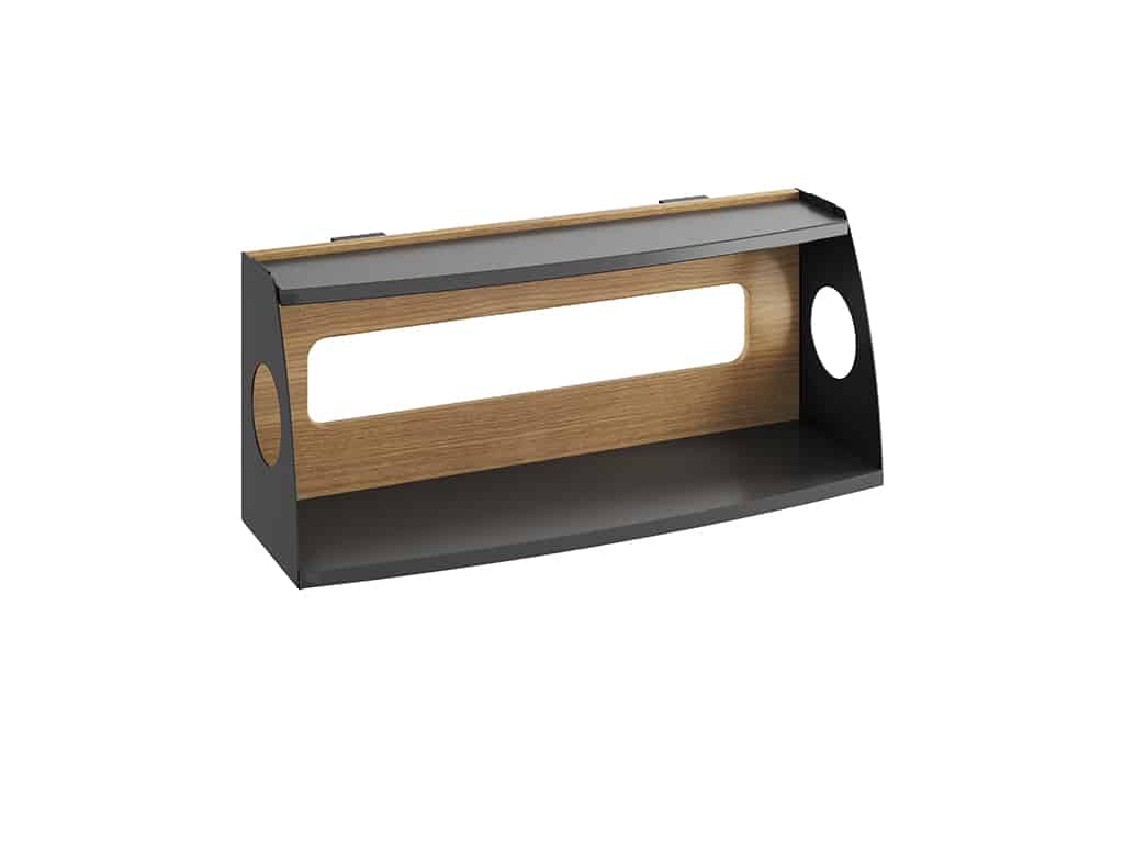 Double Rail-Mounted End Shelf Bed Accessory shown in Oak Finish Three Quarter View