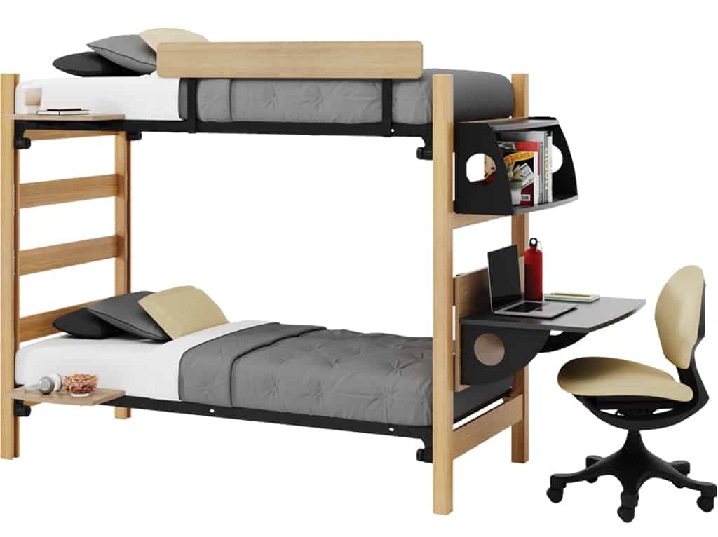 zTrak Bunk with zLok, 2 Side Tables, Rail-Mounted Shelf, Bed-Mounted Desk, Trey Chair, Guardrail Casegoods