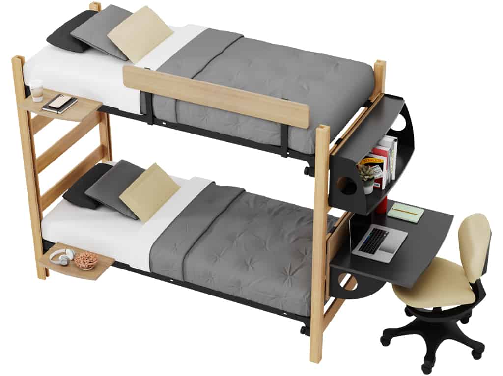 zTrak Bunk with zLok, 2 Side Tables, Rail-Mounted Shelf, Bed-Mounted Desk Casegoods