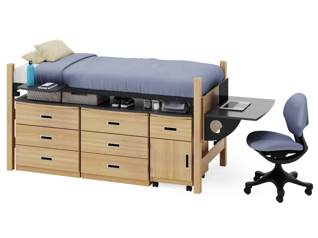 zTrak Jr Loft with zLok & zTrak Bed-Mounted Desk and Side Table in Merit Walnut Finish with Trey® Chair