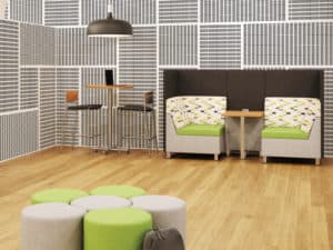 Student Lounge Area with Upland Bar Stools with Poly Seat and Low Wood Back, Rally Privacy Booth