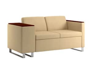 Three Quarter view of Rally Compose Loveseat with Embrace Arm and Sled Base