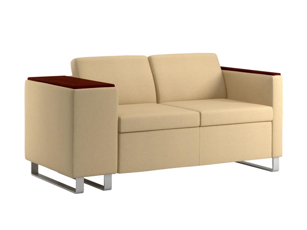Three Quarter view of Rally Compose Loveseat with Embrace Arm and Sled Base