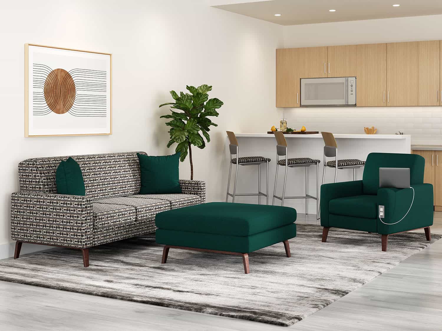 Campus apartment with student furniture including Chill Sofa, Upholstered Ottoman, and Chair with Power Option for charging.