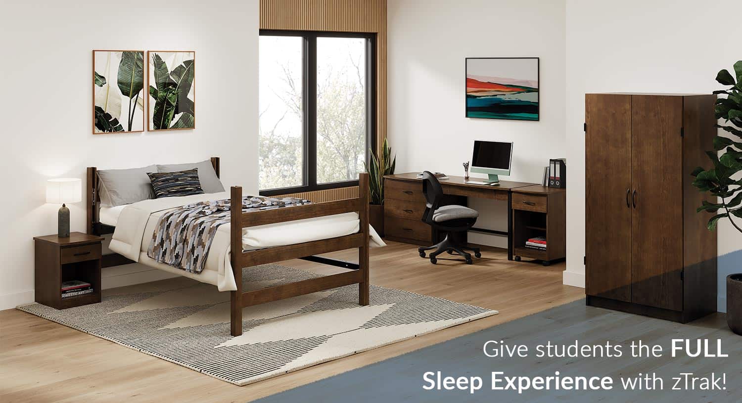 zTrak Full Bed in Student Dorm Room with Merit Collection Casegoods from Sauder Education.