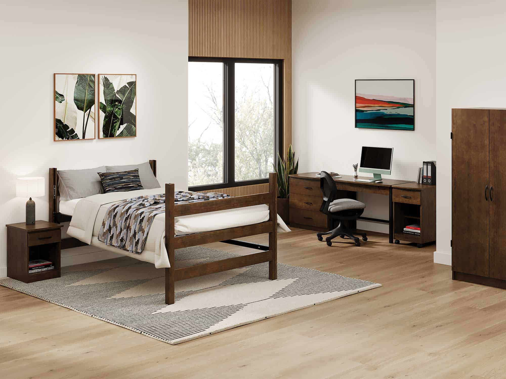 Student Room on Campus with zTrak Jr. Loft Full-Size Bed and Merit Nightstand, Desk, and Wardrobe in Walnut Finish.