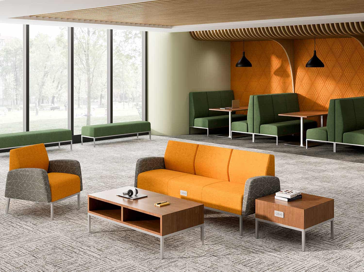 Student seating from Sauder Education including sofa, chair, benches, and high back booth and occasional tables from the Tanner Collection.