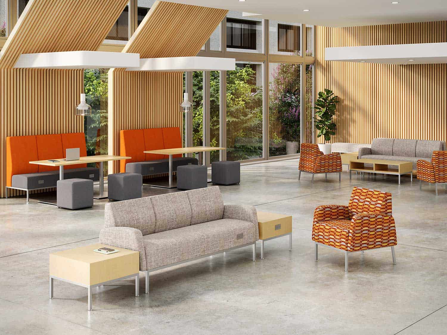 Student Furniture on College Campus from Saunder Education with products from the Tanner Collection including sofa, chair, tables and booth seating for campus lounge areas.