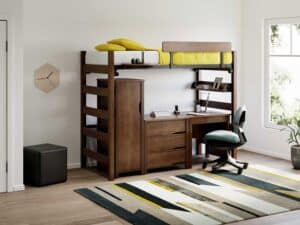 Student Room with Endure 18 inch Wardrobe, 3-Drawer Chest and Writing Desk, Trey Chair, Square Kirby Stool and zTrak Bed System.