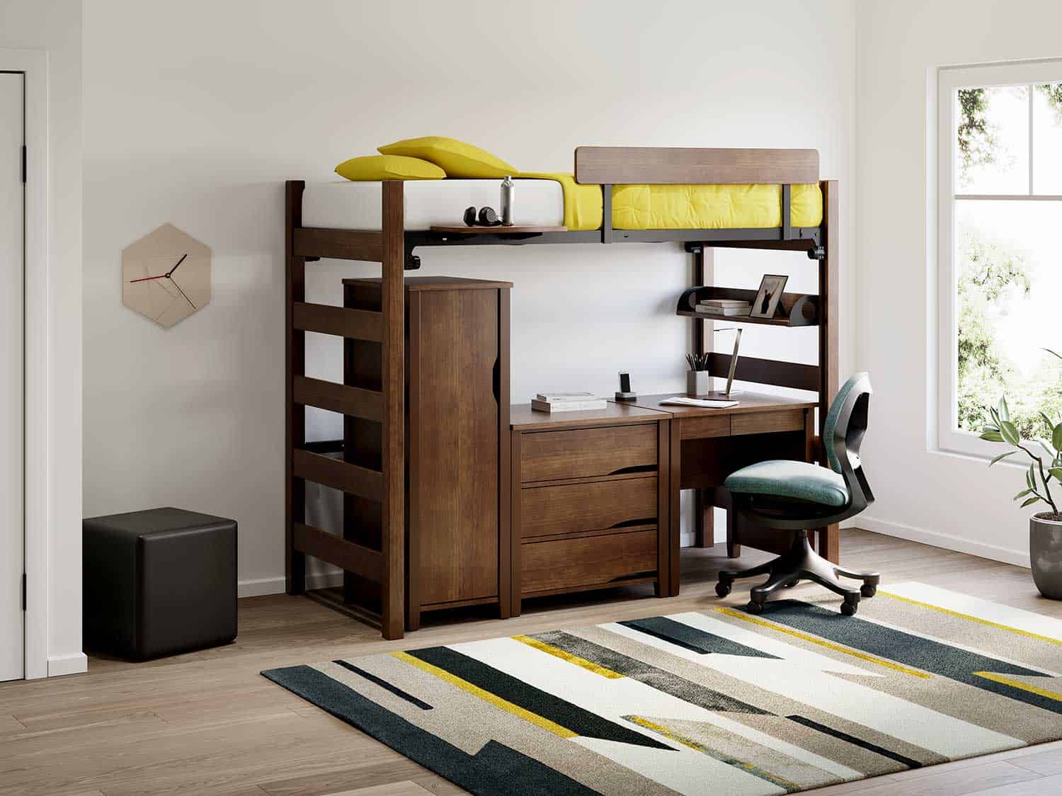 Student Room with Endure 18 inch Wardrobe, 3-Drawer Chest and Writing Desk, Trey Chair, Square Kirby Stool and zTrak Bed System.