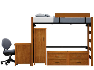 Endure Student Room Layout 5 Trey Chair, Endure Desk, Wardrobe, 2-Drawer Chests and zTrak bed with wood guardrail