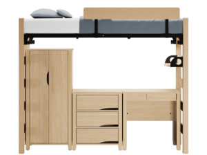 Endure Student Room Layout 1 Endure Wardrobe, 3-Drawer Chest, Writing Desk, and zTrak bed with wood guardrail