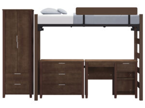 Endure Student Room Layout 4 Endure Wardrobe, Chest, Pedestal Desk, and zTrak bed with wood guardrail in walnut finish