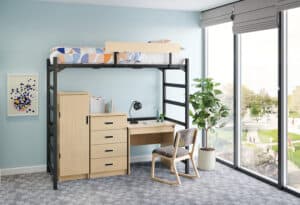Dorm room with student furniture from Sauder Education.