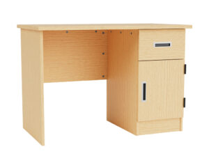 Merit Pedestal Desk in Rift Oak with Drawer and Door and Chrome Recessed Handles