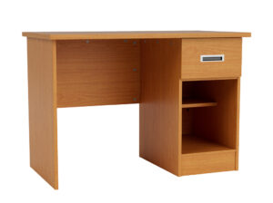 Merit pedestal desk with drawer and cubby in Medium Cherry with Chrome Recessed Handle