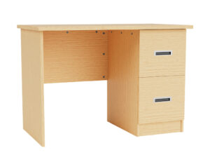 Merit Pedestal Desk with 2-Drawers in Rift Oak and Chrome Recessed Handles