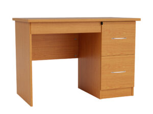 Merit Pedestal Desk in Medium Cherry with 2-Drawers and Pencil Drawer and Security Options and Silver Handles