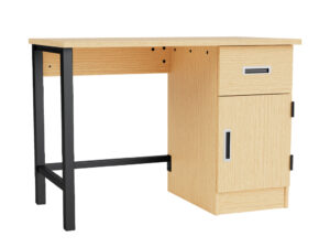 Metal Leg Pedestal Desk with Drawer and Door in Rift Oak with Recessed Handles