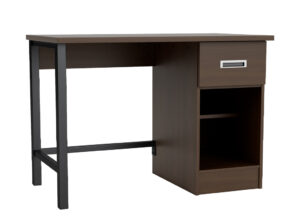 Metal Leg Pedestal Desk with Drawer and Cubby in Walnut with Chrome Recessed handle