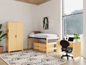Student Dorm with Furniture Wardrobe, two 2-Drawer Chests, Writing Desk, and a task chair that comes apart