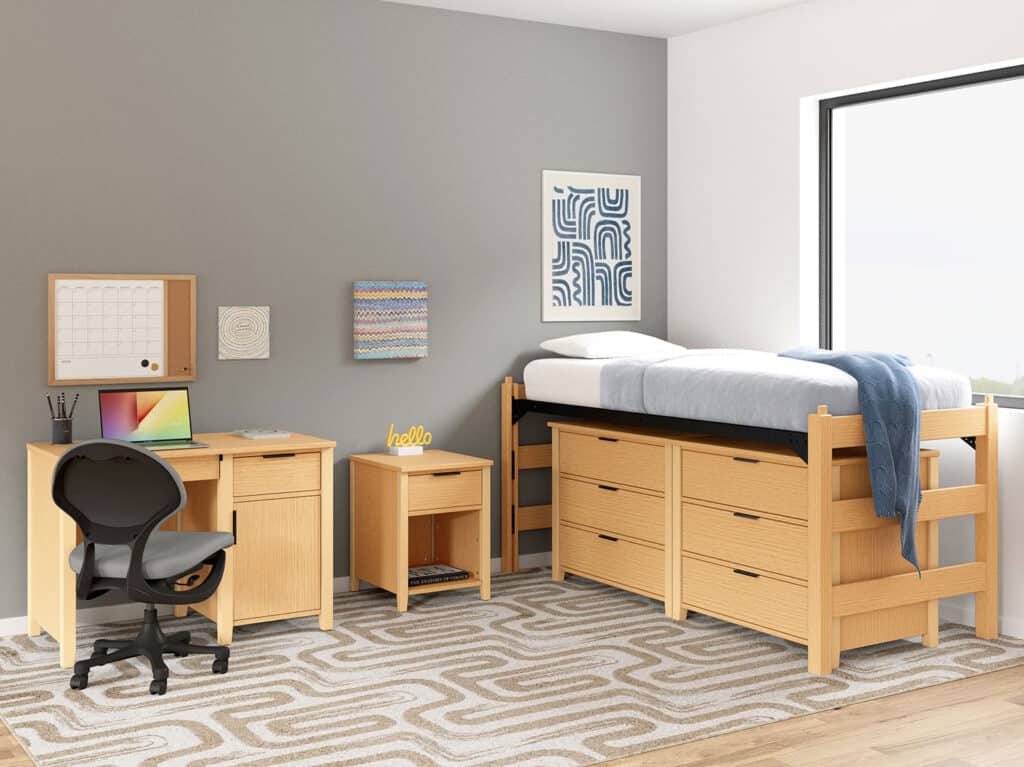 Student dorm room with jr loft bed, two 3-drawer chests, nightstand, desk and task chair