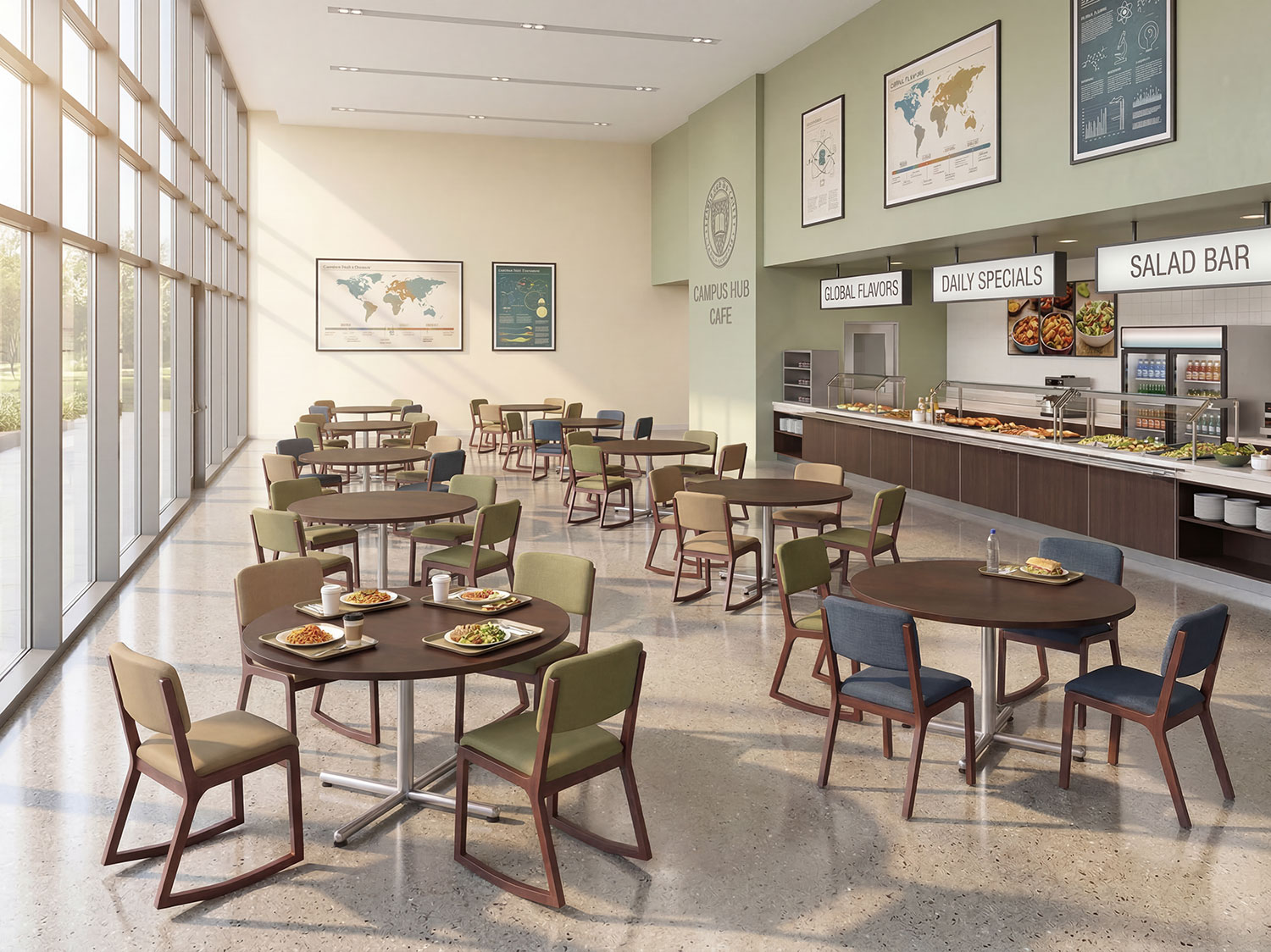 PlyWedge Chairs and Tubular Tables shown in a college campus cafeteria.